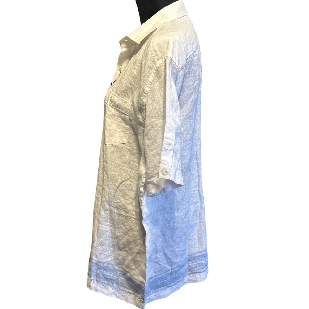 Baird McNutt Mens Linen Short Sleeve Button-Up Shirt With Blue Stripe Hem Size L - Picture 2 of 6